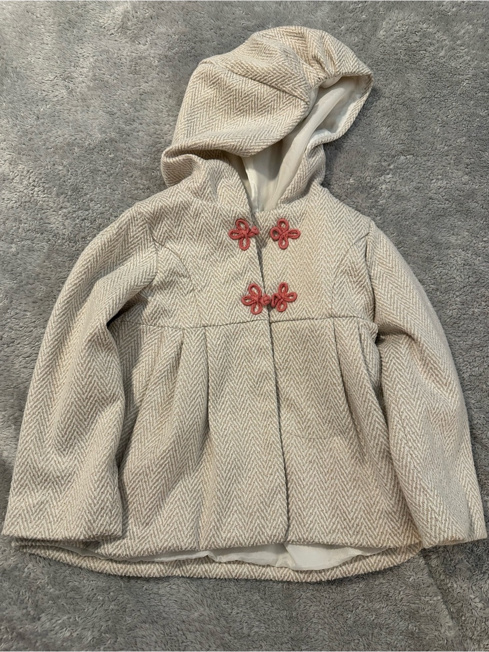 Girls' Hooded Cream Toggle Coat with Coral Accents